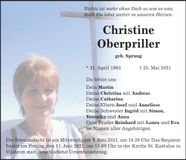 Traueranzeige Christine Oberpriller