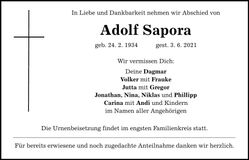 Traueranzeige Adolf Sapora