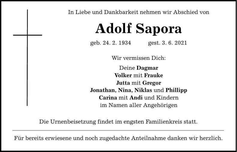 Traueranzeige Adolf Sapora
