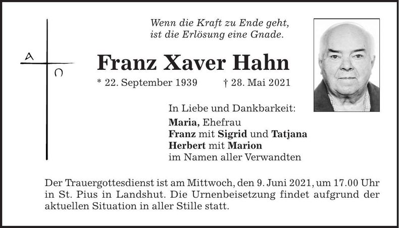 Traueranzeige Franz Xaver Hahn