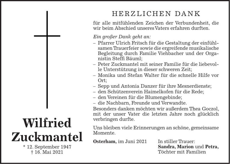 Traueranzeige Wilfried Zuckmantel
