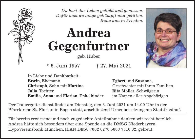 Traueranzeige Andrea Gegenfurtner