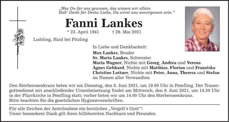Traueranzeige Fanni Lankes