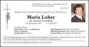 Traueranzeige Maria Loher