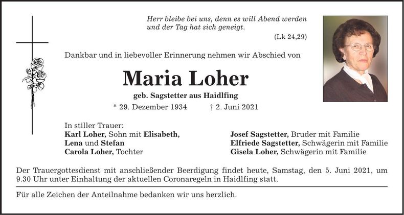 Traueranzeige Maria Loher