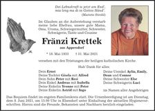Traueranzeige Fränzi Krettek