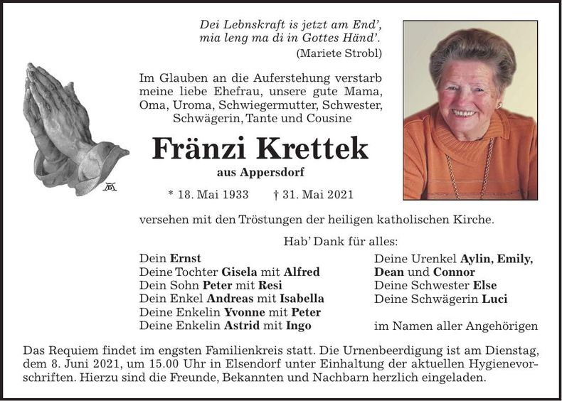 Traueranzeige Fränzi Krettek