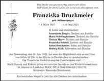 Traueranzeige Franziska Bruckmeier