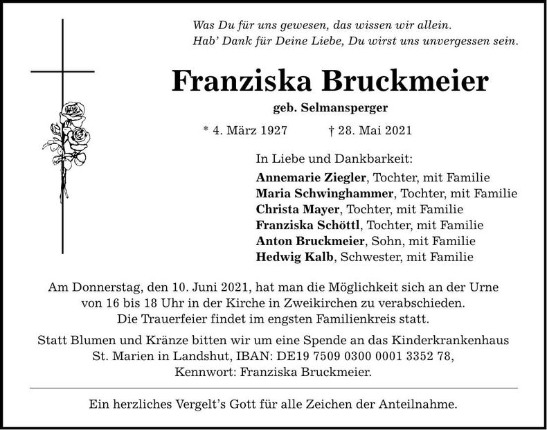 Traueranzeige Franziska Bruckmeier