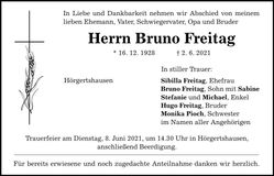 Traueranzeige Bruno Freitag