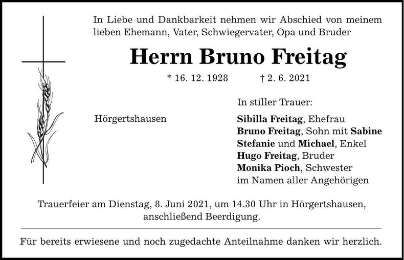 Traueranzeige Bruno Freitag