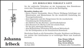 Traueranzeige Johanna Irlbeck