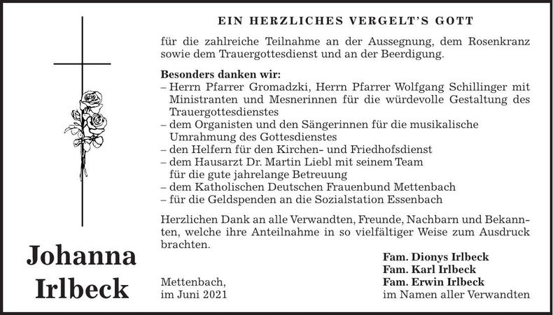Traueranzeige Johanna Irlbeck