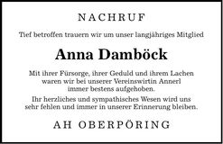 Traueranzeige Anna Damböck