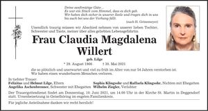 Traueranzeige Claudia Magdalena Willert