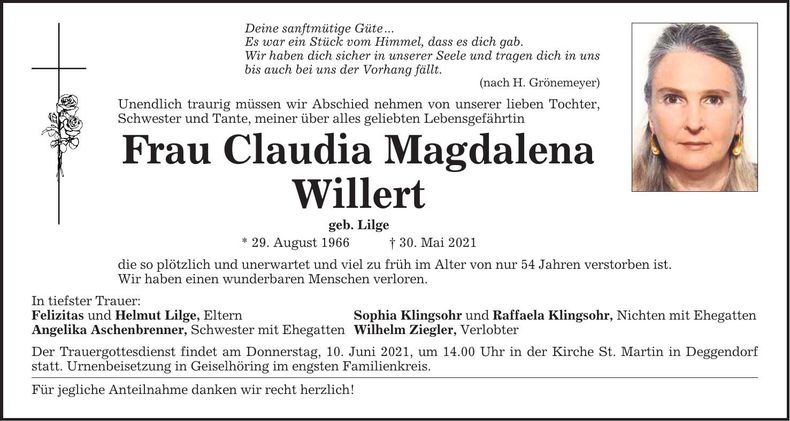 Traueranzeige Claudia Magdalena Willert