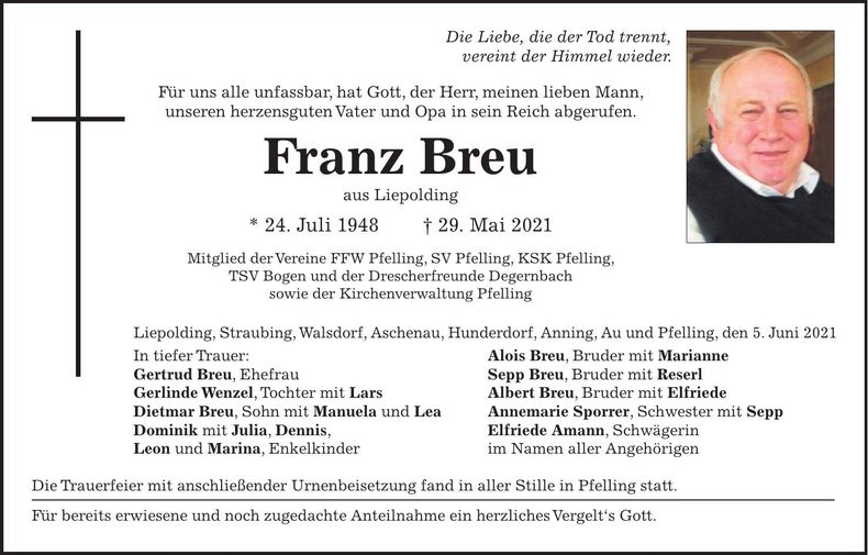 Traueranzeige Franz Breu