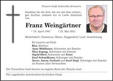 Traueranzeige Franz Weingärtner