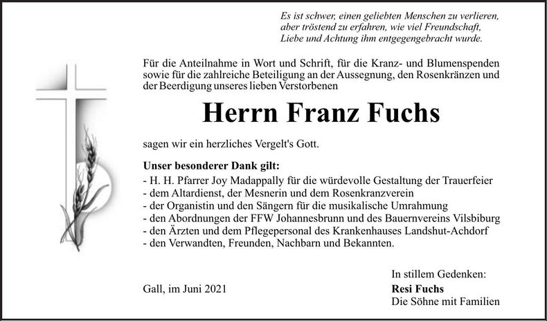 Traueranzeige Franz Fuchs