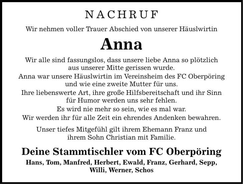Traueranzeige Anna Damböck