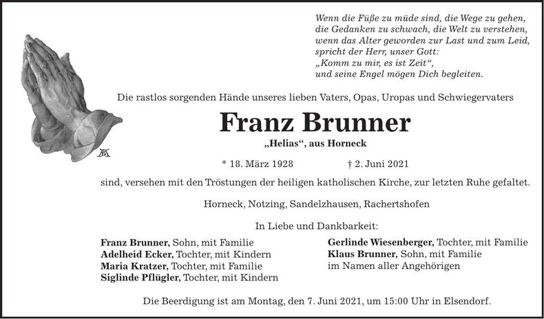 Traueranzeige Franz Brunner