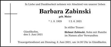 Traueranzeige Barbara Zabinski