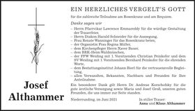 Traueranzeige Josef Althammer