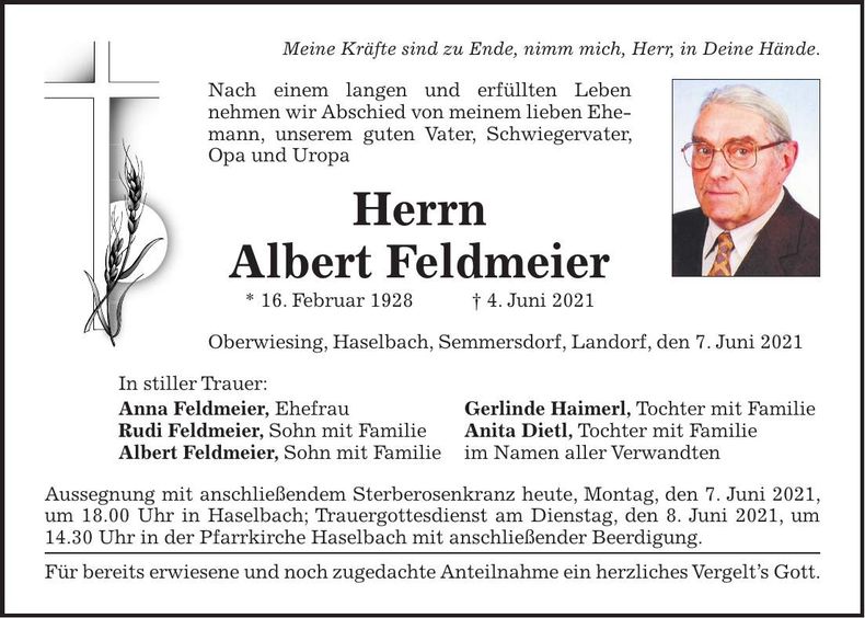 Traueranzeige Albert Feldmeier