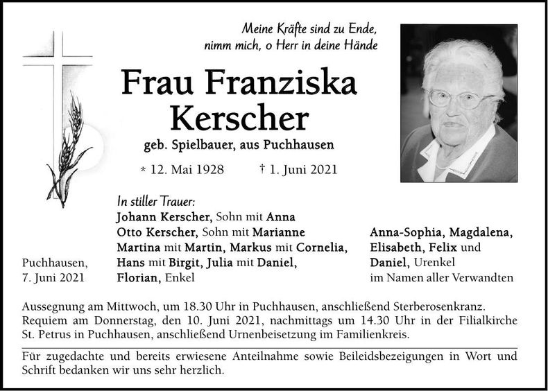 Traueranzeige Franzsika Kerscher
