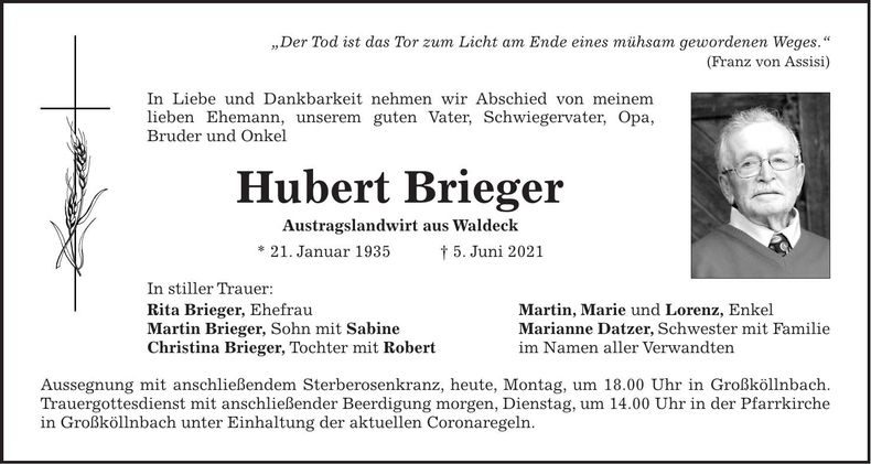 Traueranzeige Hubert Brieger