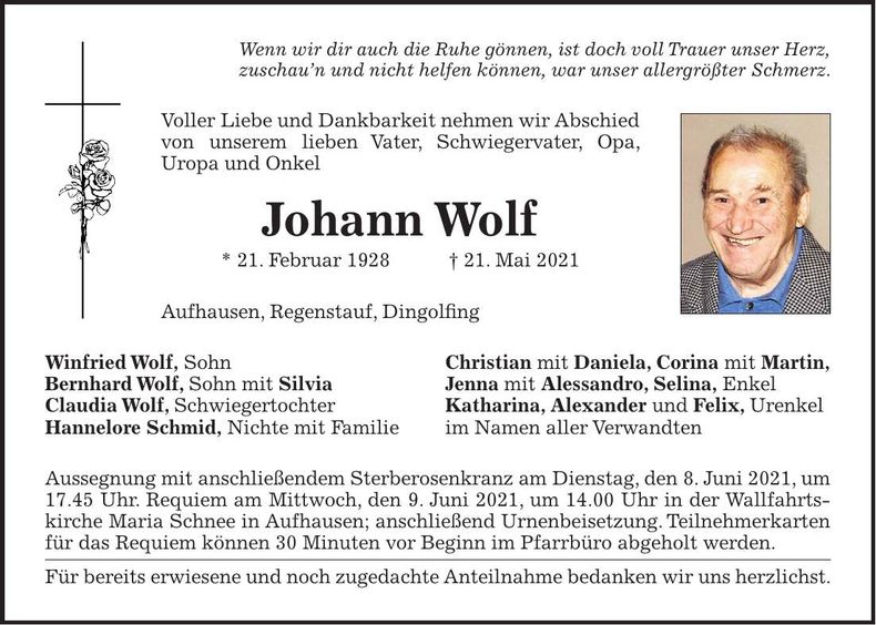 Traueranzeige Johann Wolf