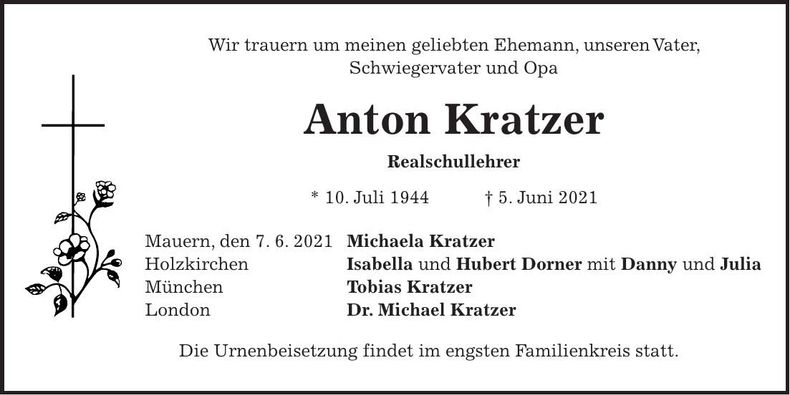 Traueranzeige Anton Kratzer