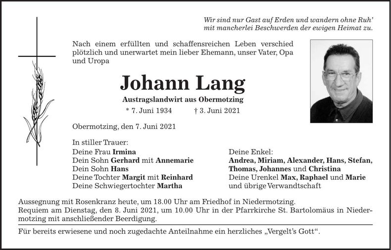 Traueranzeige Johann Lang