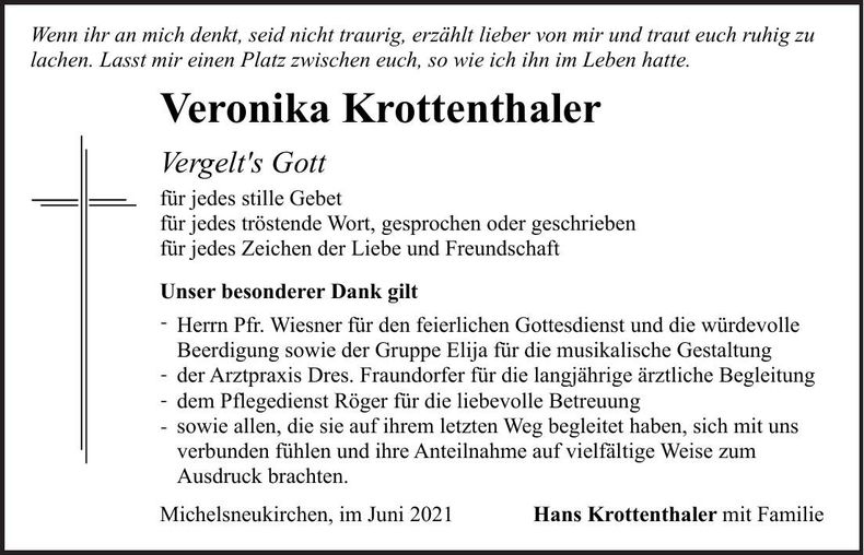 Traueranzeige Veronika Krottenthaler