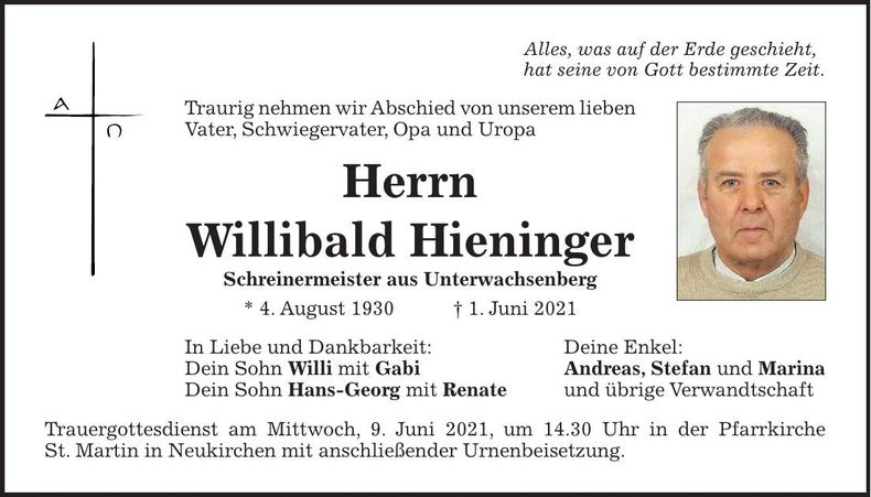 Traueranzeige Willibald Heininger