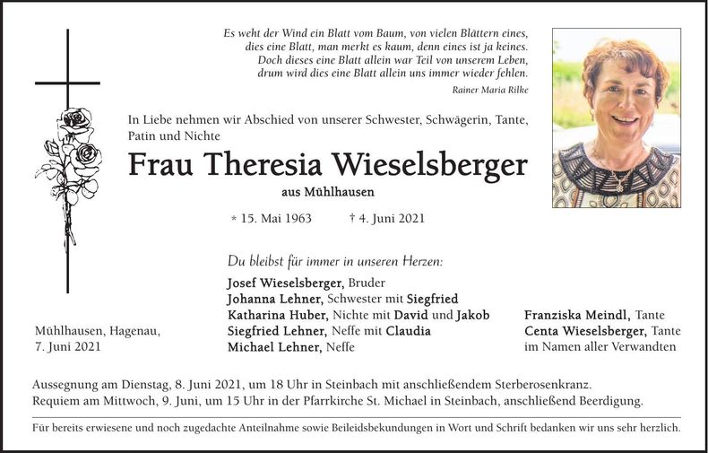 Traueranzeige Theresia Wieselsberger