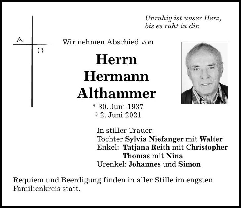 Traueranzeige Hermann Althammer