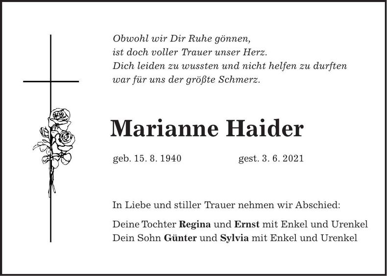 Traueranzeige Marianne Haider