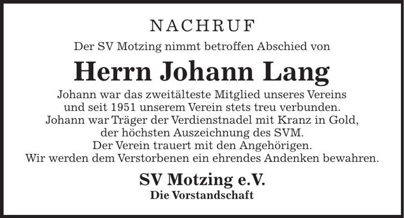Traueranzeige Johann Lang