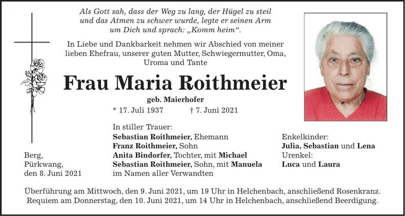Traueranzeige Maria Roithmeier