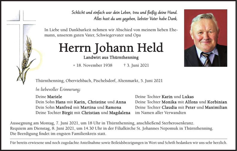 Traueranzeige Johann Held