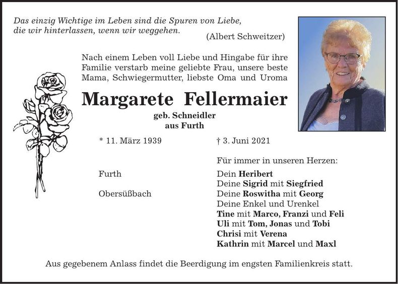 Traueranzeige Margarete Fellermaier