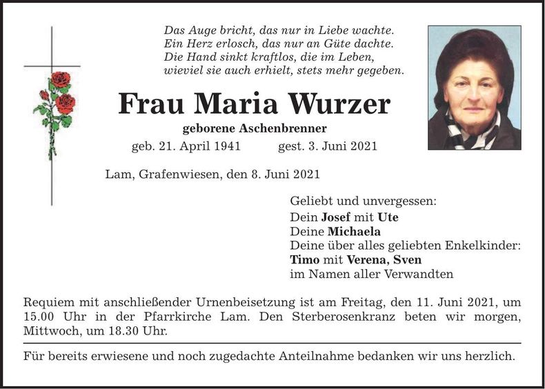 Traueranzeige Maria Wurzer