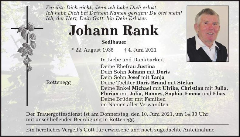 Traueranzeige Johann Rank