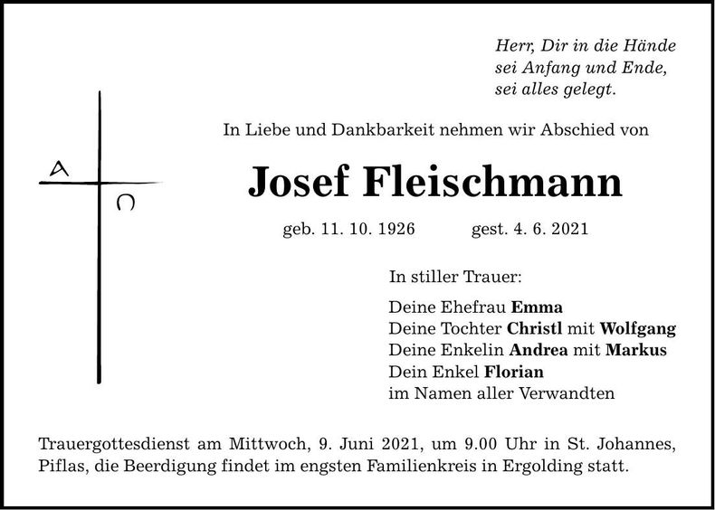 Traueranzeige Josef Fleischmann