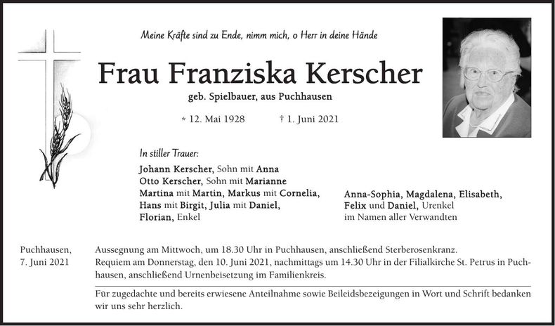 Traueranzeige Franziska Kerscher