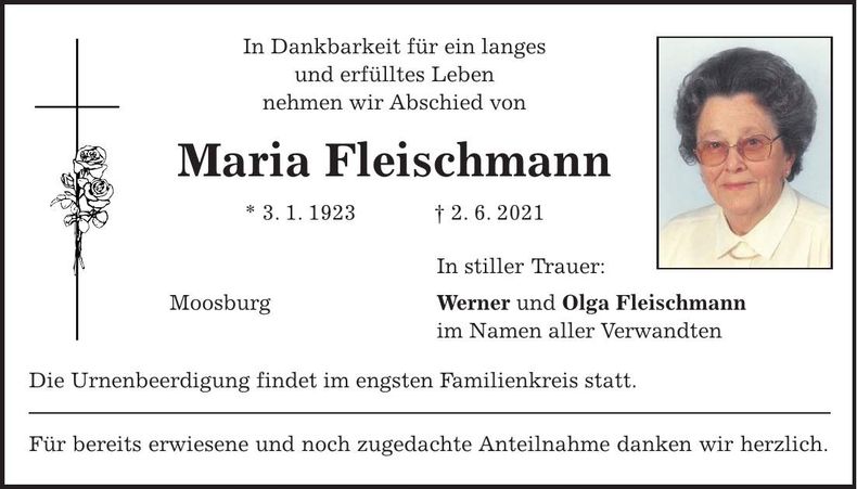 Traueranzeige Maria Fleischmann