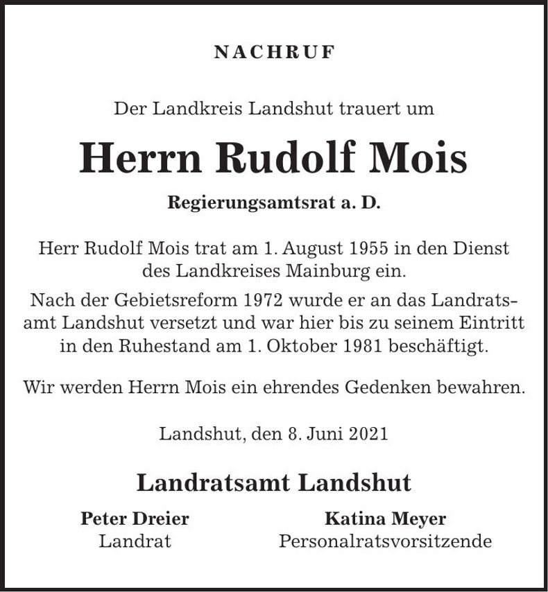 Traueranzeige Rudolf Mois