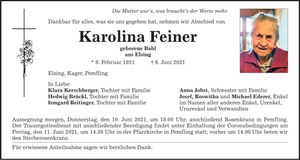 Traueranzeige Karolina Feiner