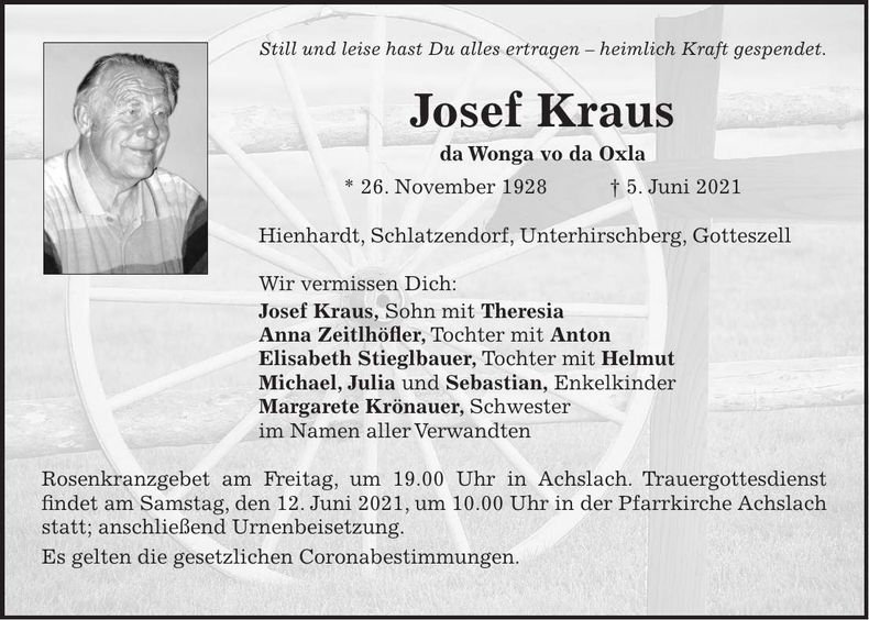 Traueranzeige Josef Kraus